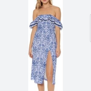 Red Carter Port Maxi blue white embroidered off the shoulder midi dress sz  M